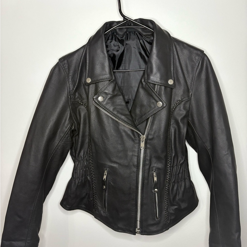Black Leather Moto Jacket with Asymmetrical Zipper and Notched Lapel